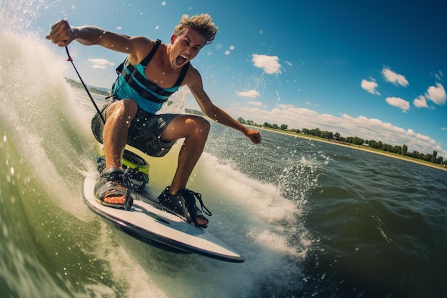 a man is surfing on a wave in the ocean