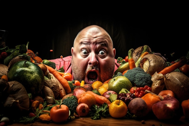 A man is surrounded by a pile of vegetables and a large head of a person with a red shirt