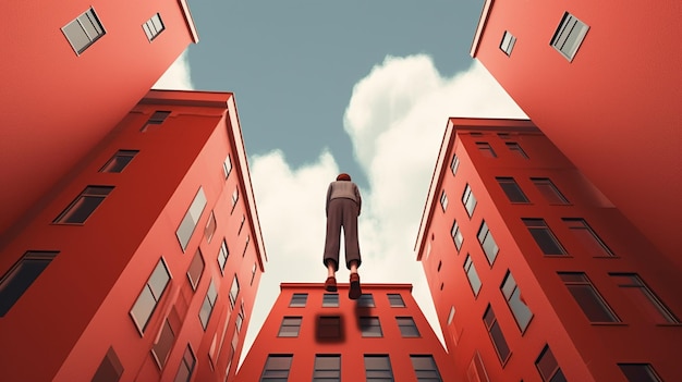 A man is suspended from a building in a city.