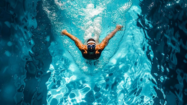 A man is swimming in a pool wearing a swim cap