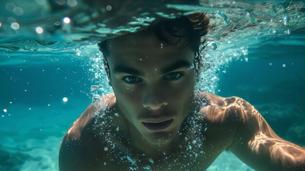 A man is swimming underwater with his face showing