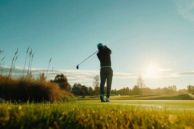 Foto un uomo sta facendo oscillare un club da golf su un campo da golf verde