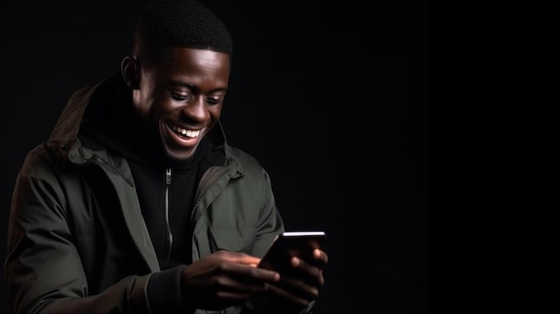 a man is texting on his phone and smiling