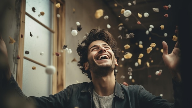 Foto un uomo sta lanciando del cibo in aria e sorride.