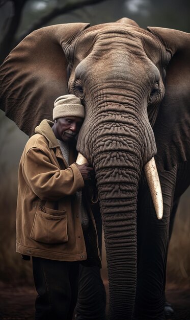 a man is touching an elephant with a man next to it