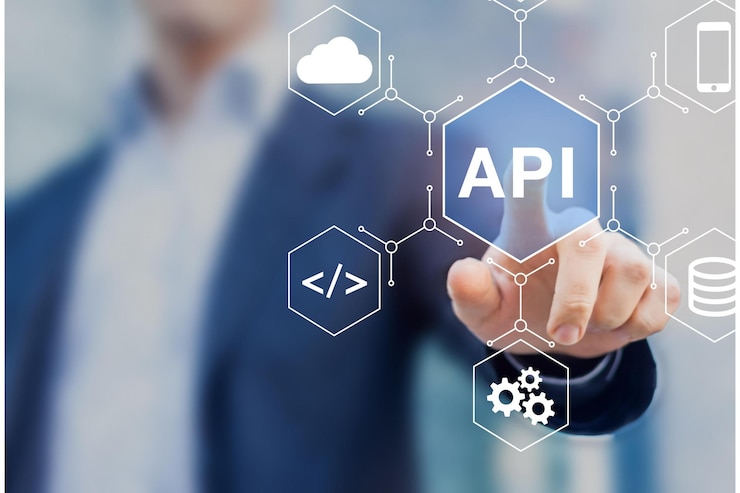 Photo a man is touching a screen with the word api on it.