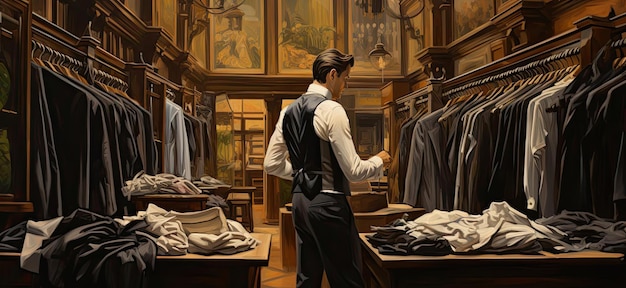 a man is trying on in a clothing store in the style of brushwork mastery