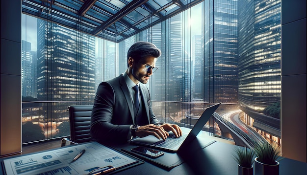 Photo a man is typing on a laptop in front of a window with a city view