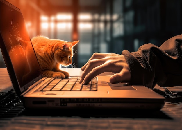 Мужчина печатает на ноутбуке с рыжий кот спит на клавиатуре Верхний вид Мужчина работает из дома на ноутбоке в беспроводных наушниках Домашний офис с домашней кошкой