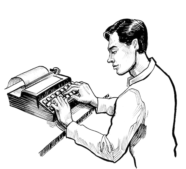 A man is typing on a typewriter.