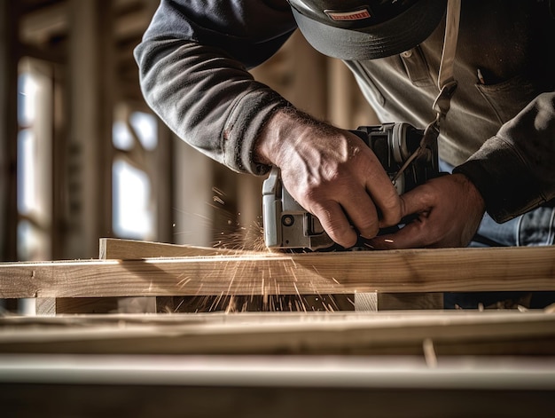 a man is using a drill to cut wood.