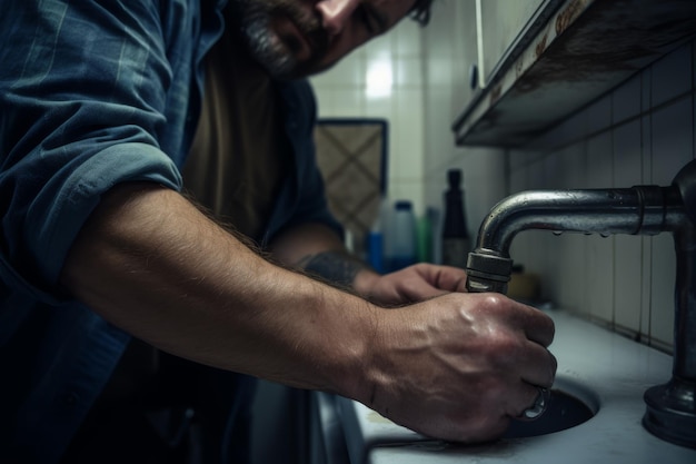 a man is using a faucet that is turned upside down