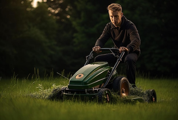 Photo man is using a grass toro in an open field in the style of dark green and bronze