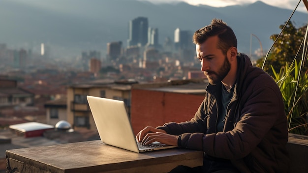 a man is using a laptop against the backdrop of the colombian city of bogota