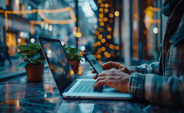 Photo a man is using a laptop and a cell phone at a table the laptop is open and the man is typing on it