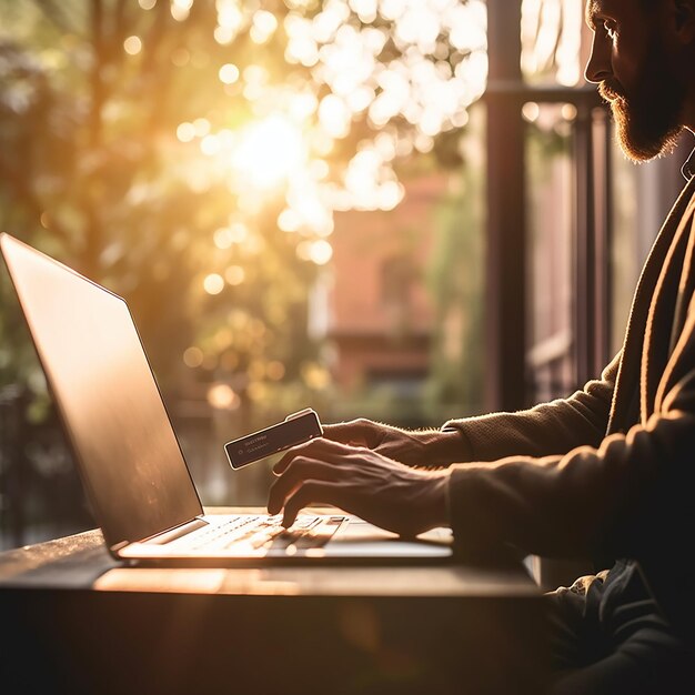 Photo a man is using a laptop and a credit card.