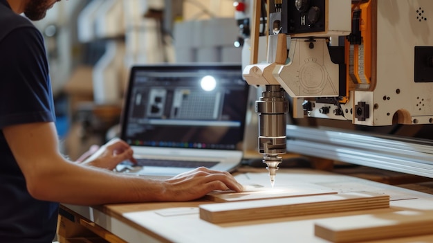 A man is using a machine to cut a piece of wood AIG41