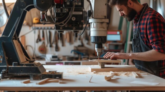 A man is using a machine to cut a piece of wood aig