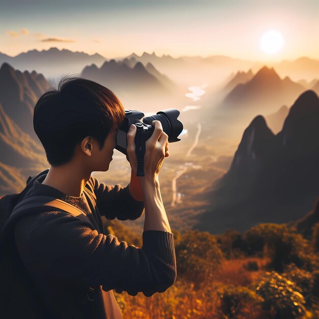 Photo a man is using a pair of binoculars to take a picture of mountains and mountains man takes beauty ph