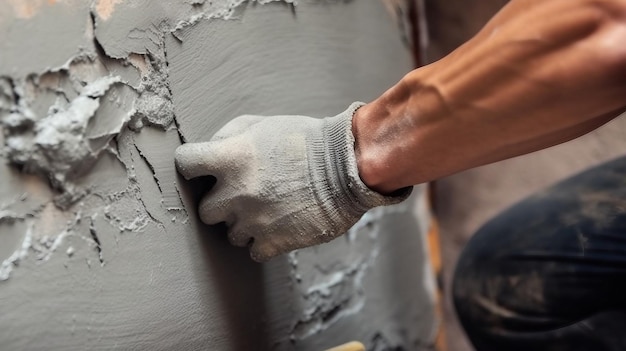 男性が左官工事機を使って壁に漆喰を塗っています。