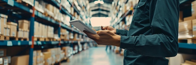 a man is using a tablet in a warehouse
