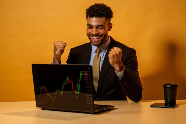 The man is very happy after making a successful trade in the stock market