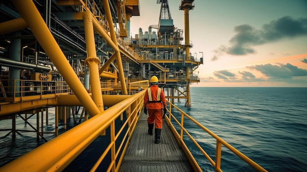 Foto un uomo sta attraversando un ponte verso una piattaforma petrolifera nell'oceano