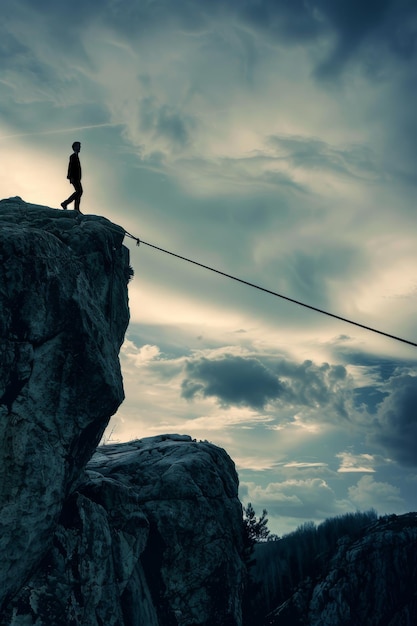 a man is walking across a rope that is suspended above a mountain