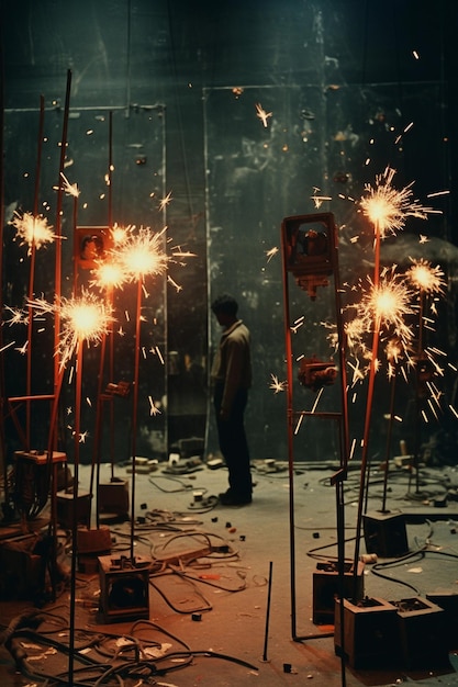 A man is walking in the dark with sparklers