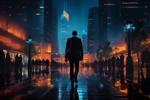 a man is walking down a city street at night