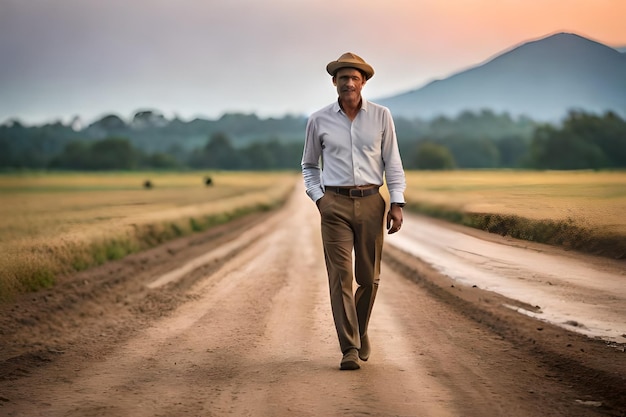 a man is walking down a dirt road in a field