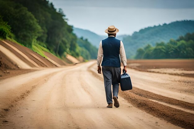 Photo a man is walking down a dirt road with a bag on his shoulder