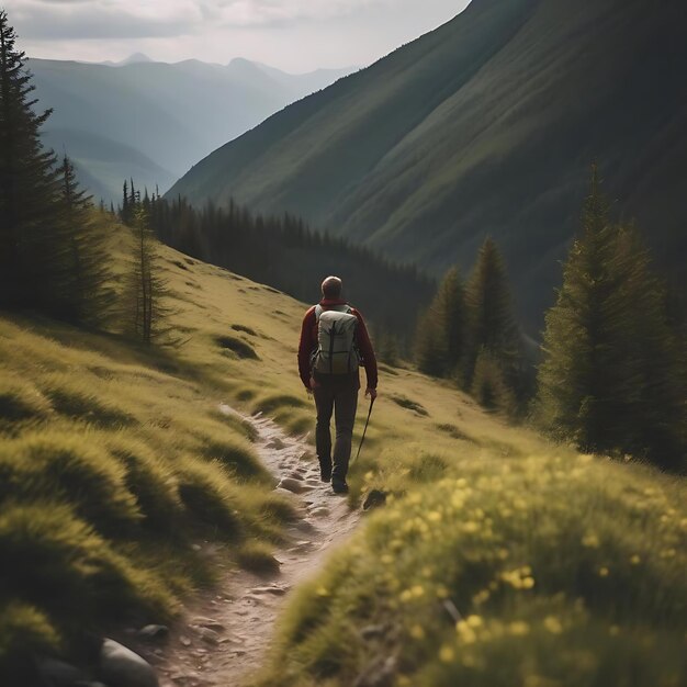Foto un uomo sta camminando lungo un sentiero in montagna