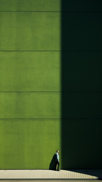 A man is walking down a sidewalk in front of a green wall