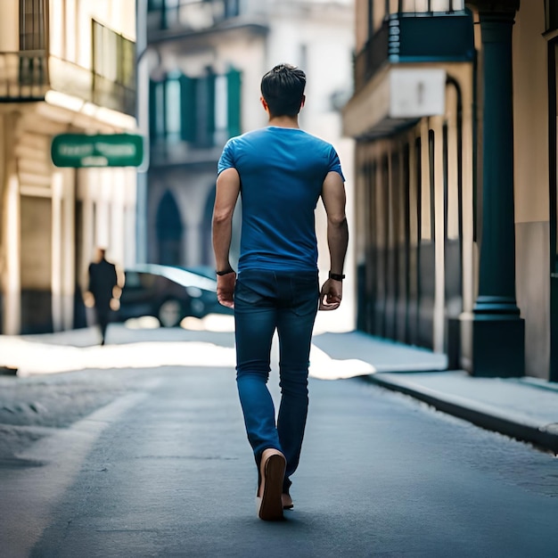 Photo a man is walking down the street in a blue shirt and jeans.