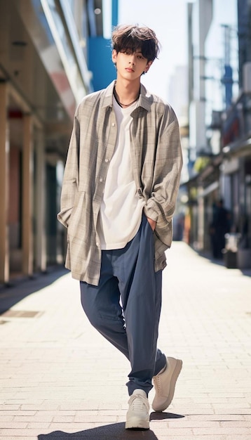 a man is walking down the street wearing a white shirt.