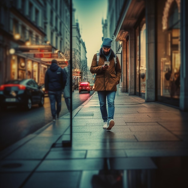 a man is walking down the street with a phone