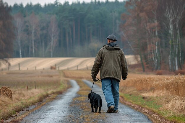 A man is walking his dog on a road