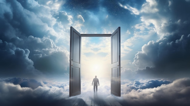 Мужчина выходит из открытой двери в сюрреалистическое небо