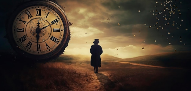 A man is walking on a path next to a large clock.