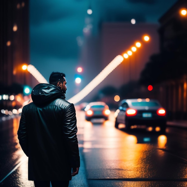 A man is walking on a rainy street in the rain.