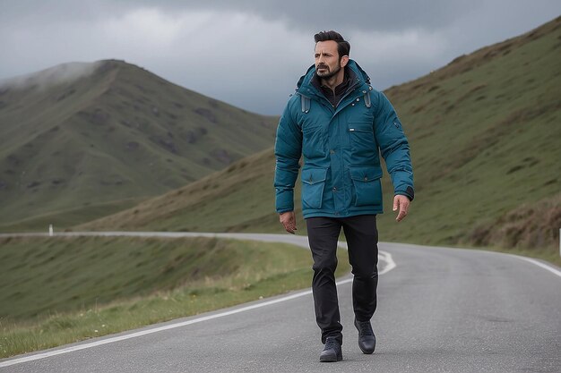 A man is walking on a road with a jacket on