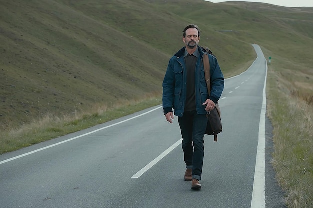 A man is walking on a road with a jacket on