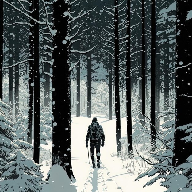 a man is walking through a forest with snow on the ground