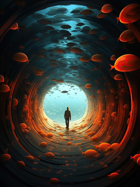 A man is walking through a tunnel into an underwater world of fishes generative ai