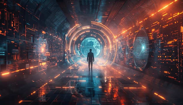 A man is walking through a tunnel with a glowing orb in the center by ai generated image