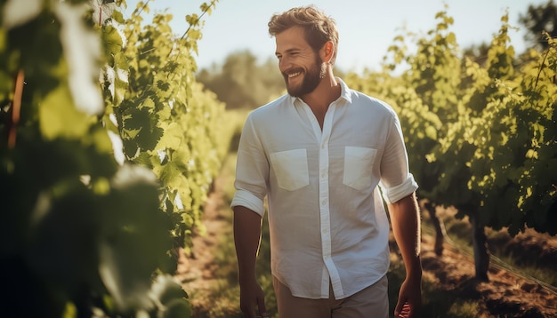 A man is walking through a vineyard smiling and enjoying the scenery