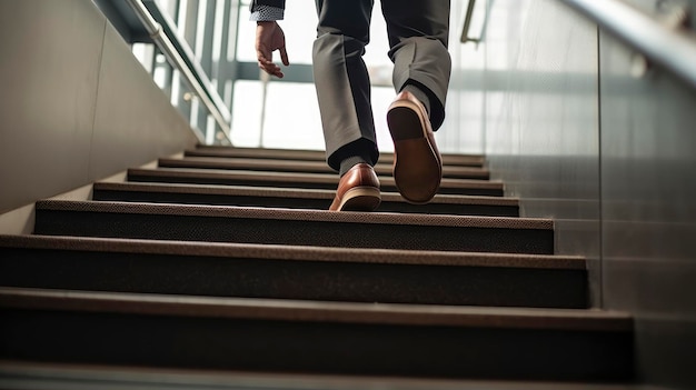 A man is walking up the stairs with his shoes on.