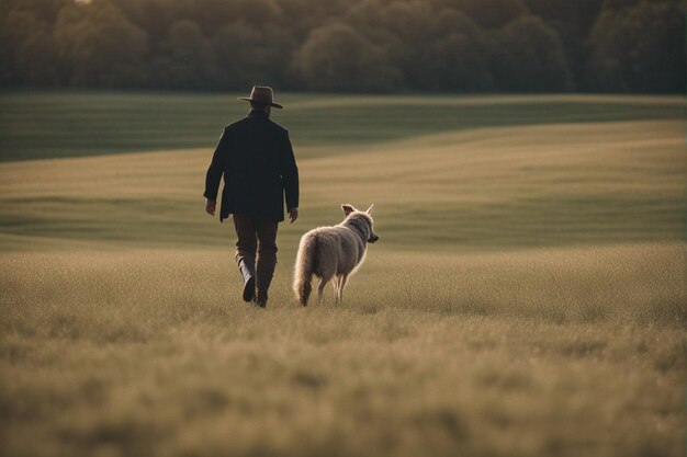 Человек гуляет с овцами в поле.