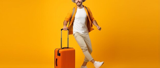 A man is walking with a suitcase on wheels